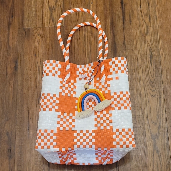 Street Level Handbags - Orange and White Checkered Tote Bag